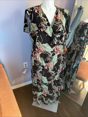 City Chic Black Floral Maxi Wrap Dress with Mint and Pink Accents